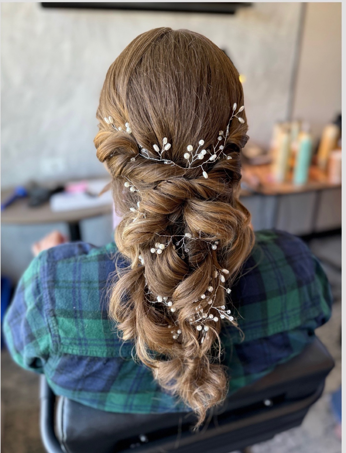 Boho bridal braid with pearl hair vine