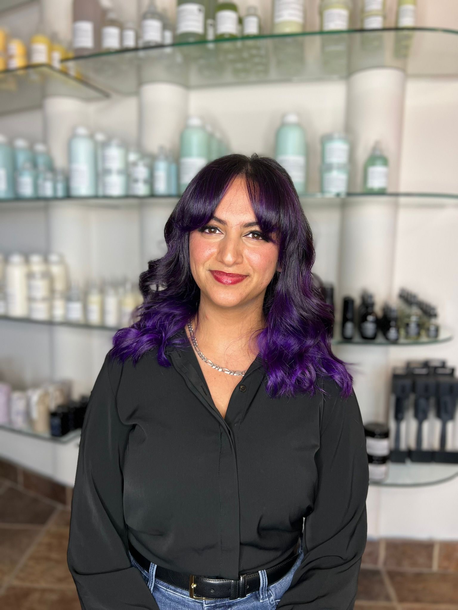 Violet waves with curtain bangs